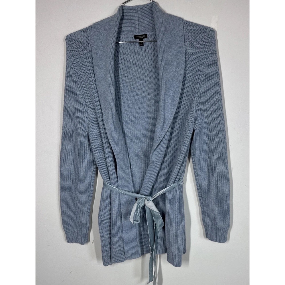 Talbots Blue Lambswool Blend Open Front Chunky Knit Belted Cardigan Sweater Sz M